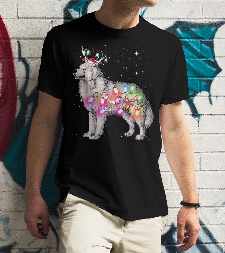 Christmas Lights Great Pyrenees With Reindeer Antlers And Santa Hat T-Shirt