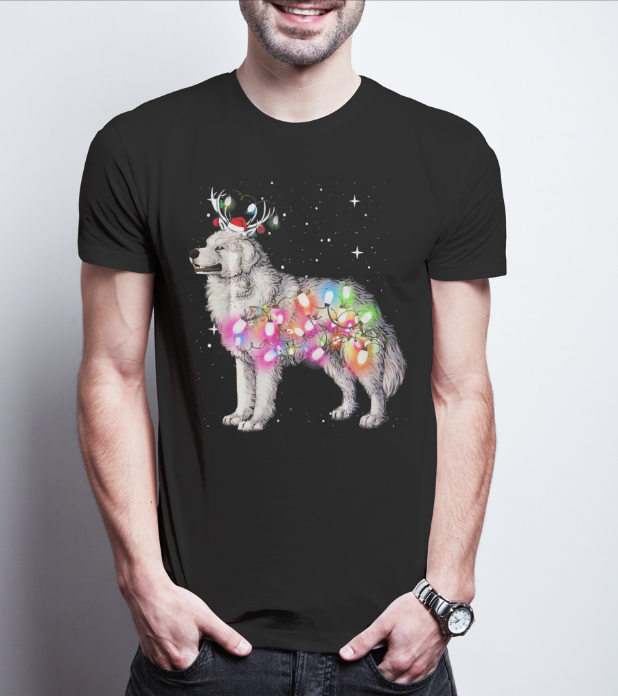 Christmas Lights Great Pyrenees With Reindeer Antlers And Santa Hat T-Shirt