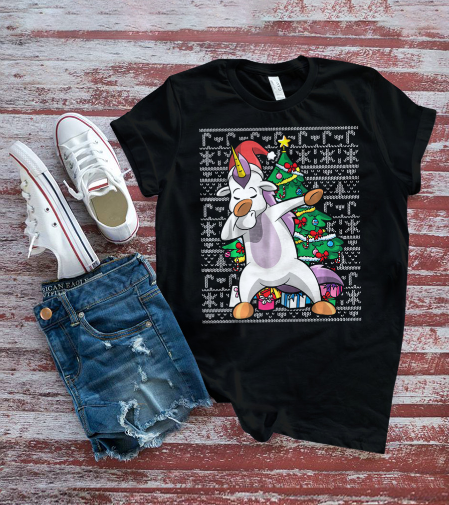 Unicorn Dabbing In Santa Hat By The Christmas Tree With Gifts T-Shirt