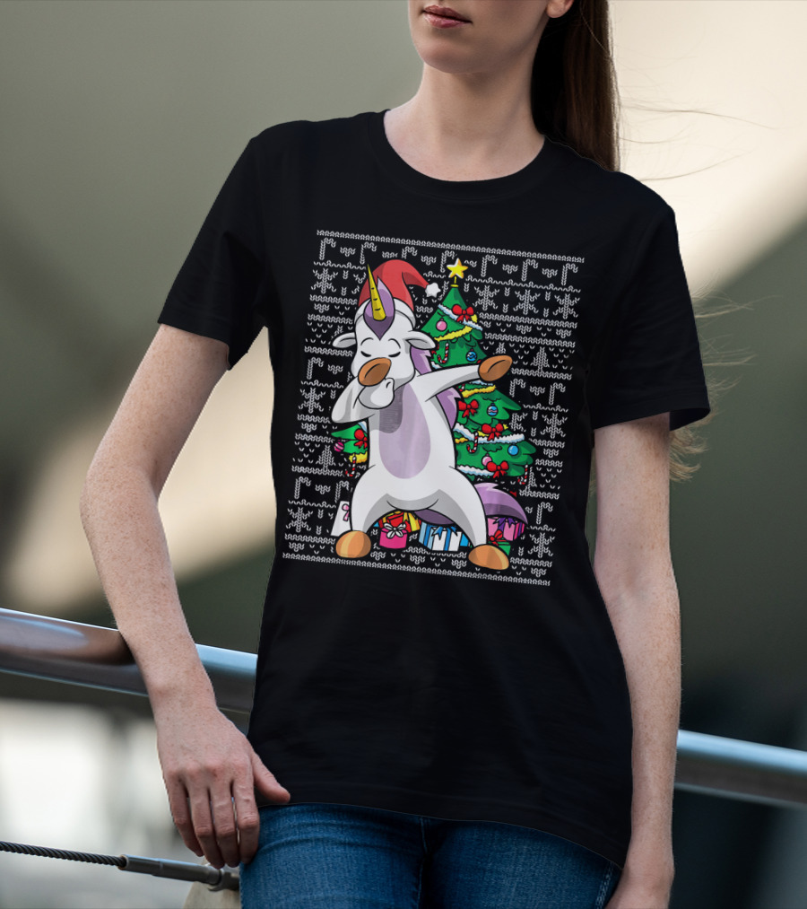 Unicorn Dabbing In Santa Hat By The Christmas Tree With Gifts T-Shirt