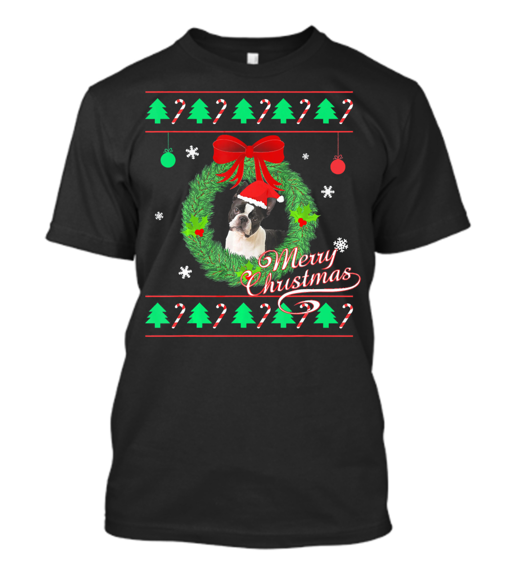 Merry Christmas Boston Terrier Wreath Candy Cane Trees T-Shirt