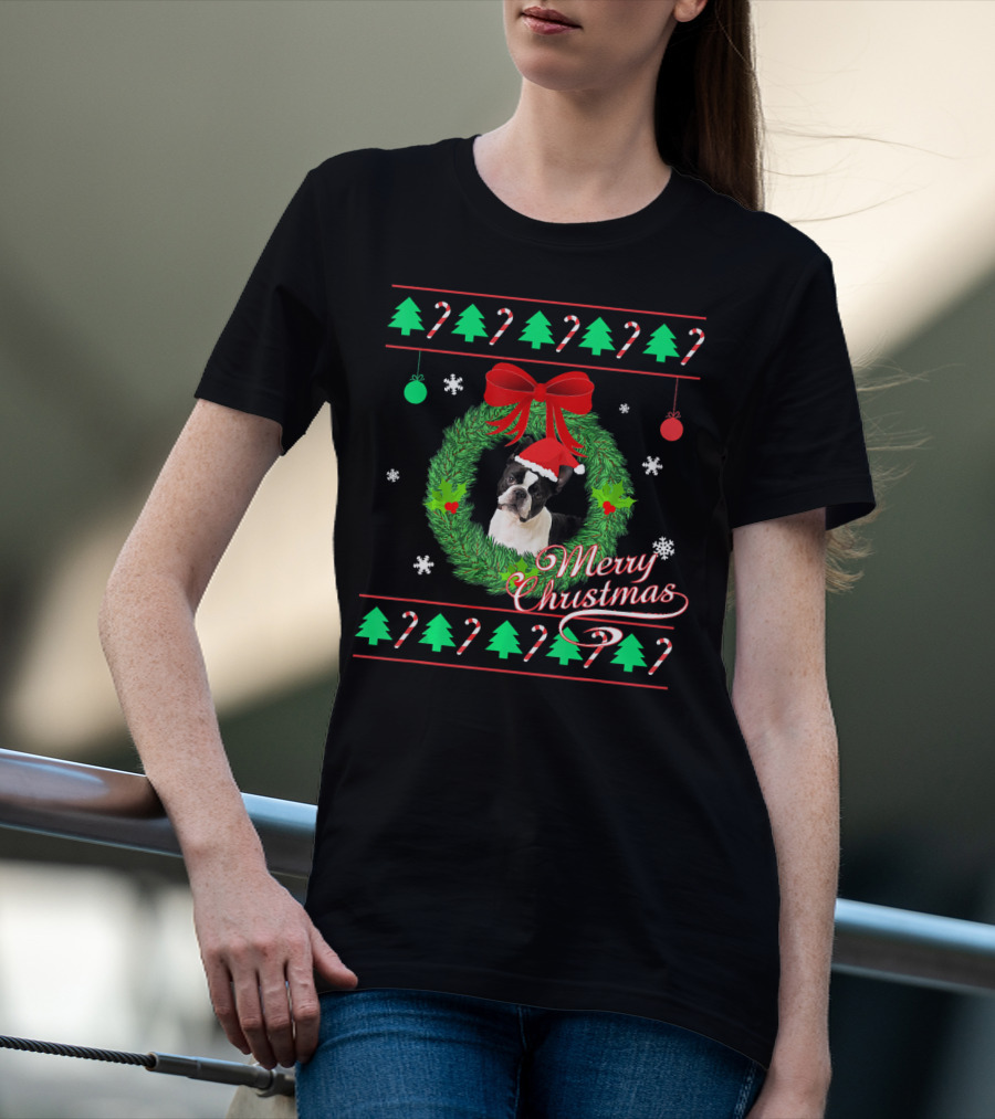 Merry Christmas Boston Terrier Wreath Candy Cane Trees T-Shirt