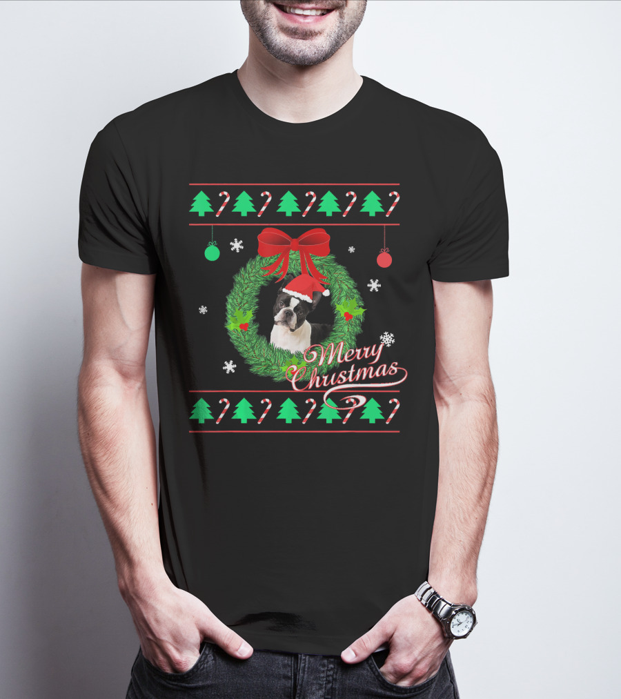 Merry Christmas Boston Terrier Wreath Candy Cane Trees T-Shirt
