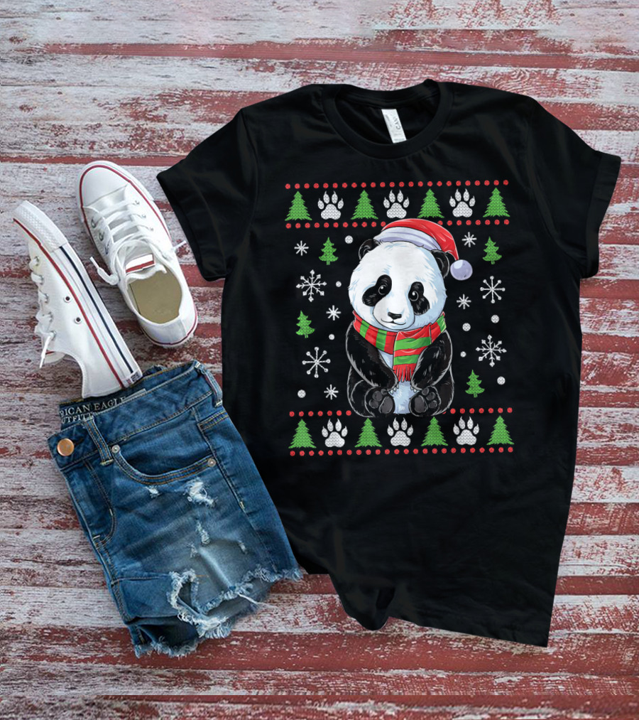 Panda Santa Ugly Christmas Sweater With Trees And Snowflakes T-Shirt