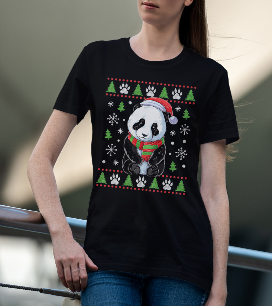 Panda Santa Ugly Christmas Sweater With Trees And Snowflakes T-Shirt