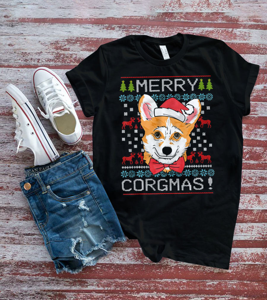 Merry Corgmas Christmas Corgi Santa Hat Festive Trees Bowtie Reindeer T-Shirt