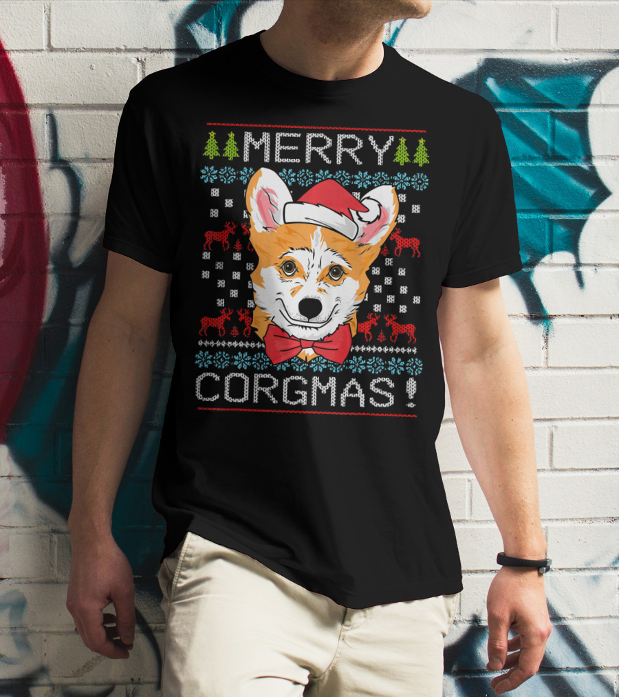 Merry Corgmas Christmas Corgi Santa Hat Festive Trees Bowtie Reindeer T-Shirt