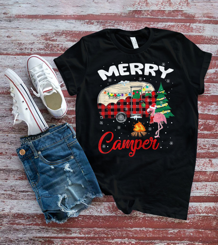 Merry Camper Christmas Camping Flamingo And Campfire Scene T-Shirt