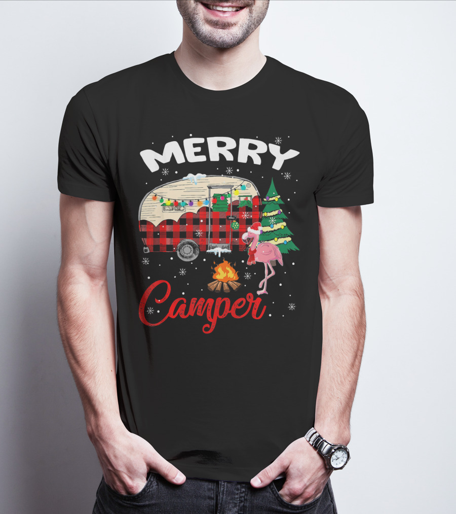 Merry Camper Christmas Camping Flamingo And Campfire Scene T-Shirt