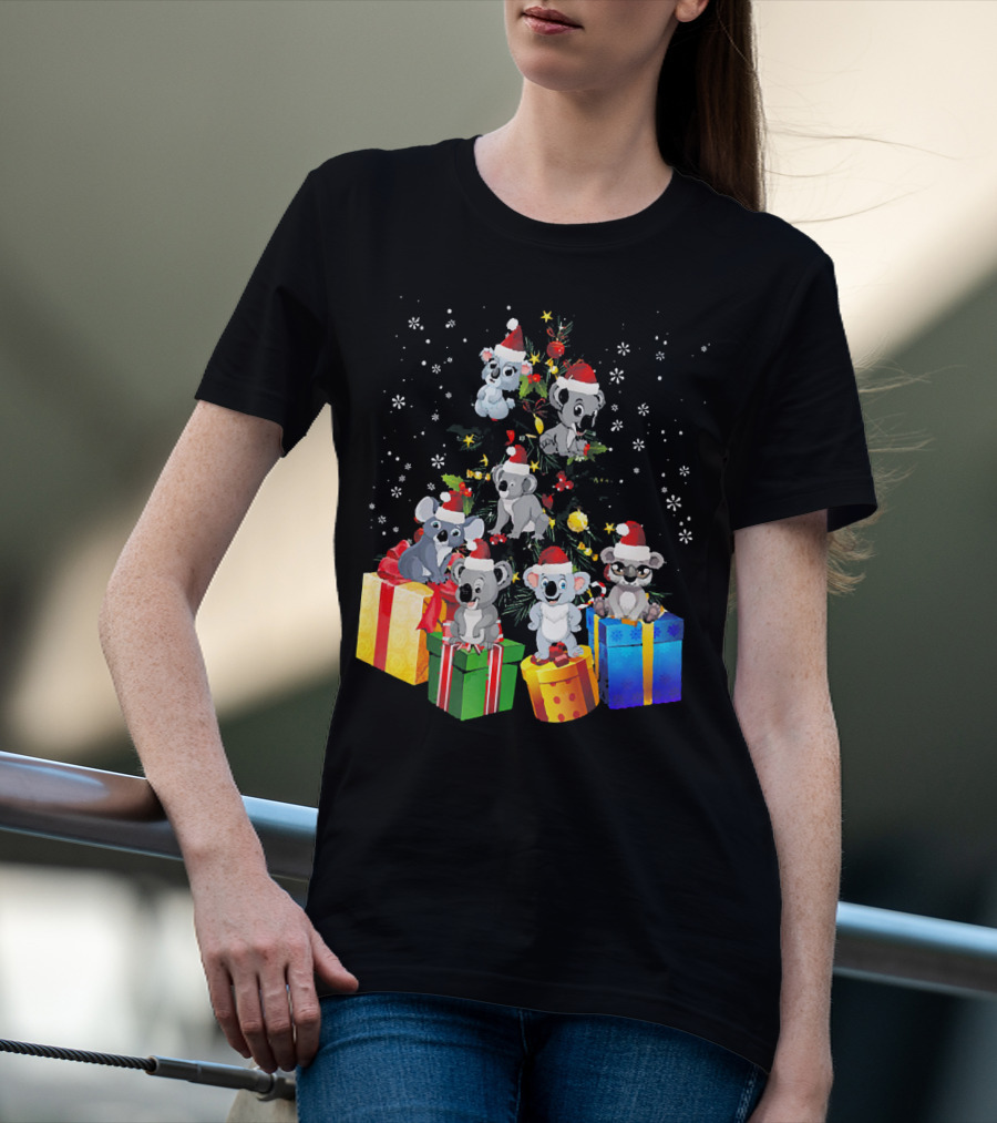 Christmas Koala With Santa Hats And Gifts On Snowy Pine Tree T-Shirt