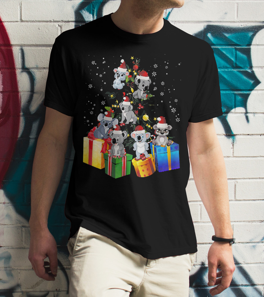 Christmas Koala With Santa Hats And Gifts On Snowy Pine Tree T-Shirt