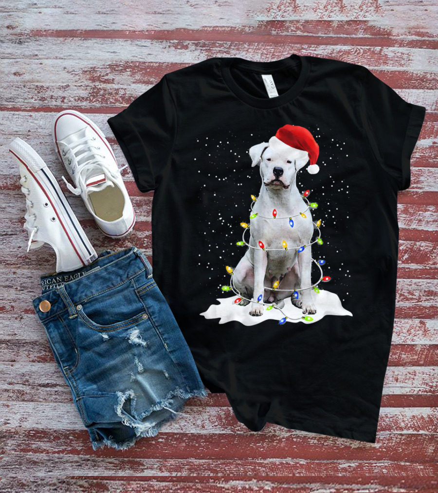 Dogo Argentino Christmas Lights Santa Hat Snow Holiday T-Shirt