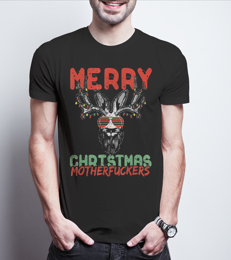 Merry Christmas Motherfuckers Reindeer Skull Holiday Lights T-Shirt