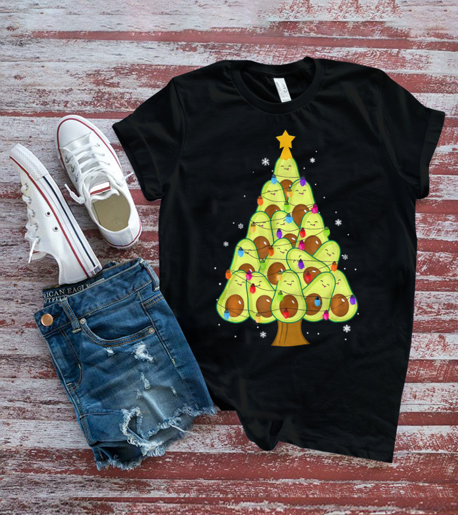 Avocado Christmas Tree With Colorful Lights Vegan Guac Green T-Shirt