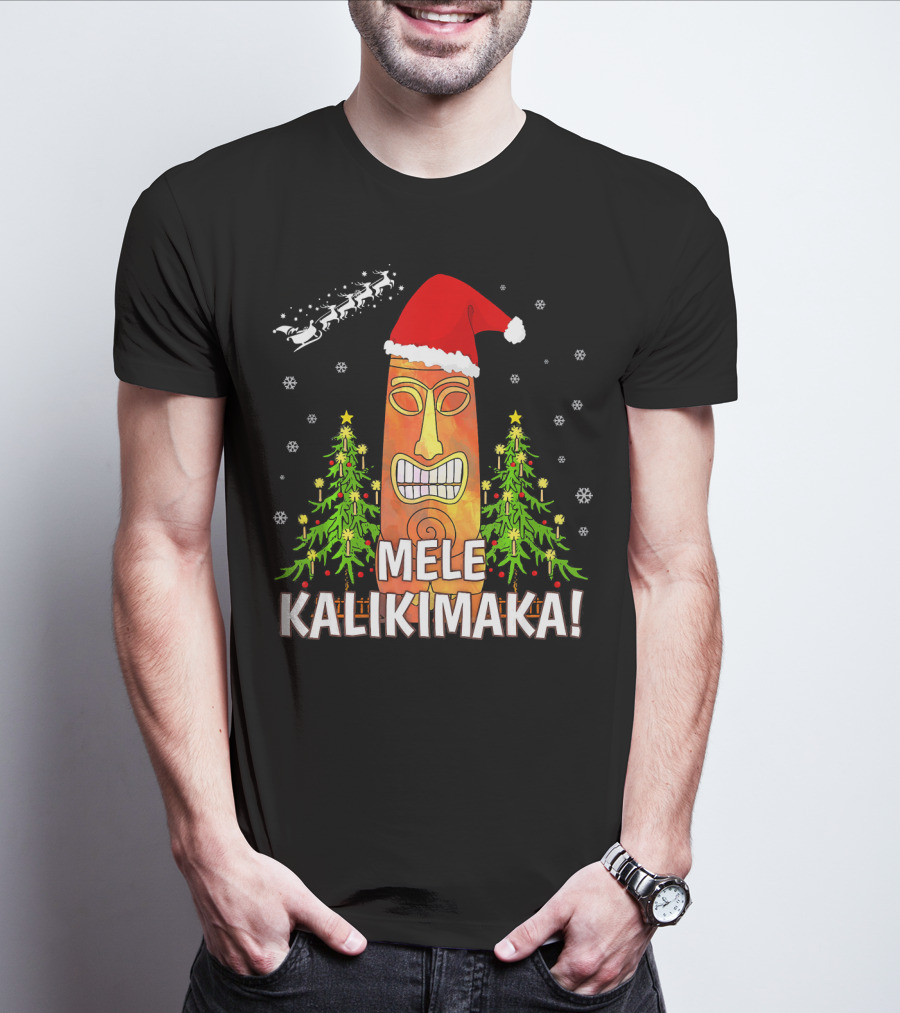 Mele Kalikimaka Santa Hat Tiki Christmas Trees Snowflakes Santa Sleigh T-Shirt