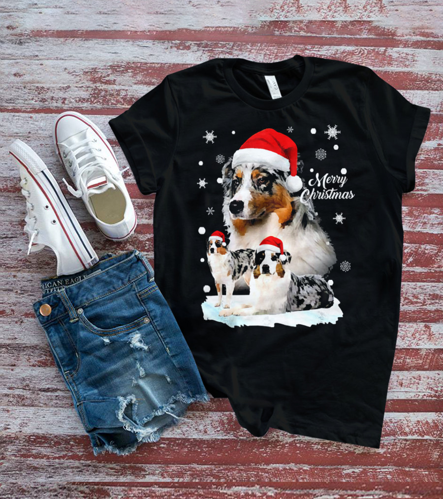 Australian Shepherds Merry Christmas Santa Hats Snowflakes T-Shirt