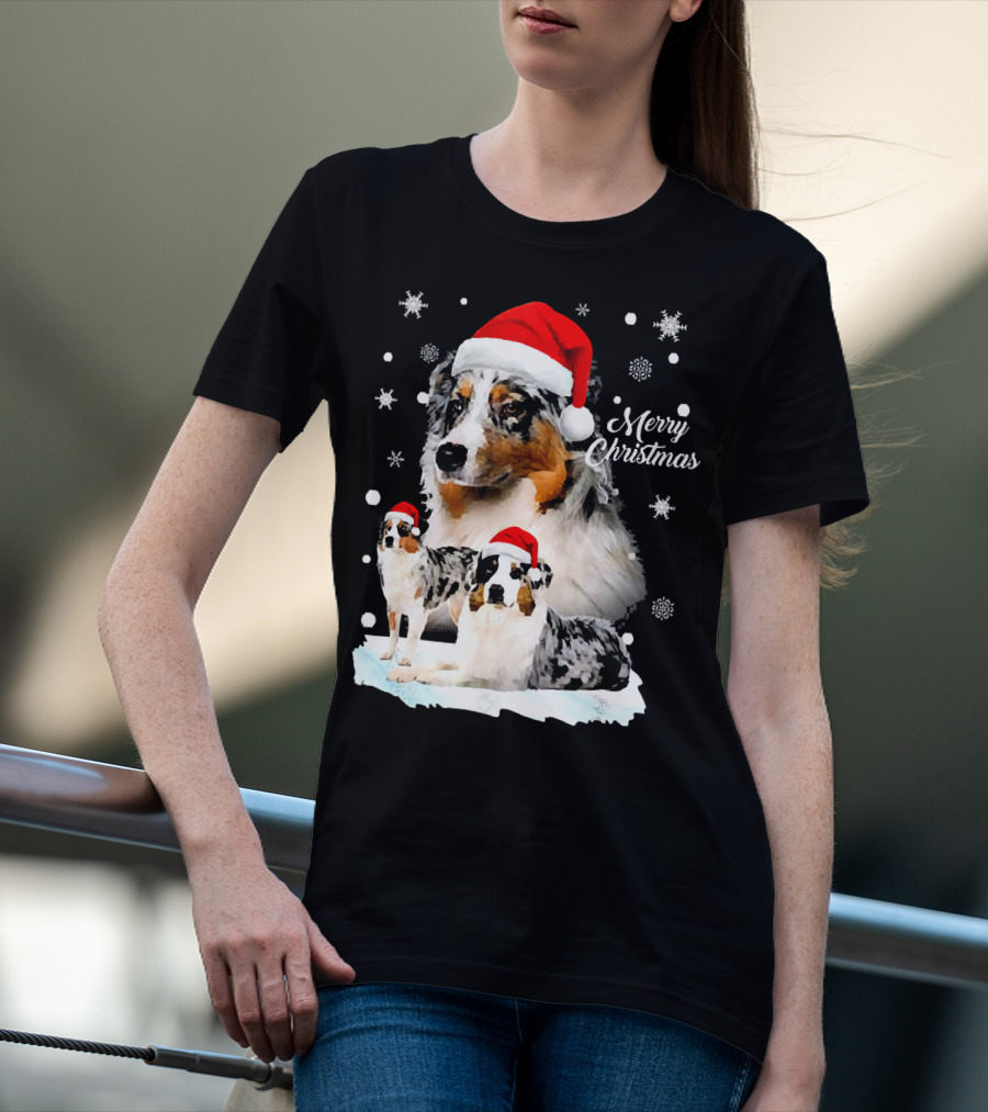 Australian Shepherds Merry Christmas Santa Hats Snowflakes T-Shirt