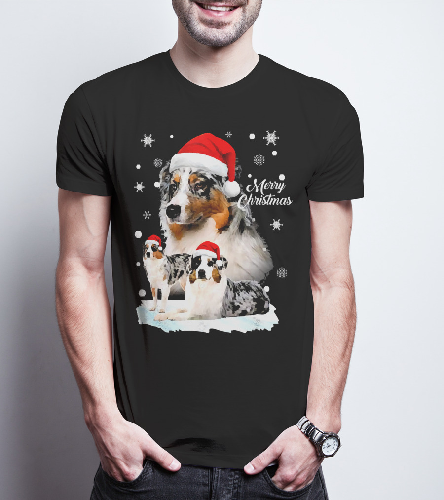 Australian Shepherds Merry Christmas Santa Hats Snowflakes T-Shirt