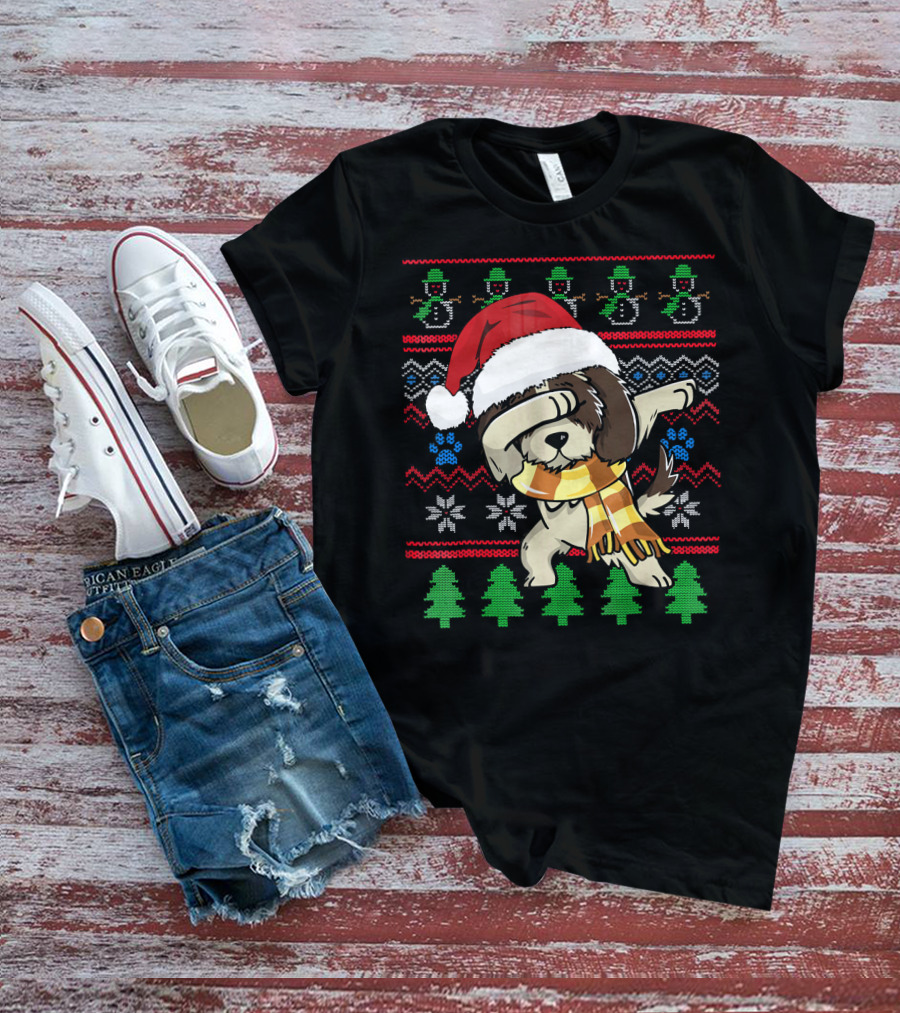 Shih Tzu Dabbing UglyStyle Christmas Santa Hat Scarf Snowflakes Trees T-Shirt