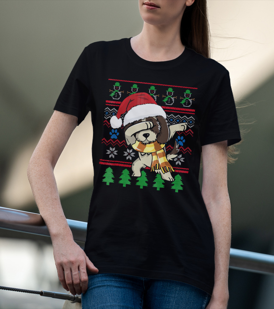 Shih Tzu Dabbing UglyStyle Christmas Santa Hat Scarf Snowflakes Trees T-Shirt