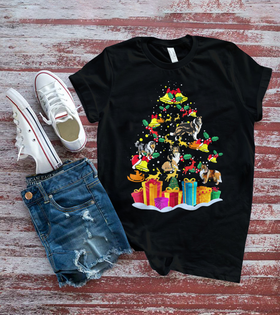 Rough Collie Christmas Tree Funny Reindeer Presents Holiday Bells T-Shirt