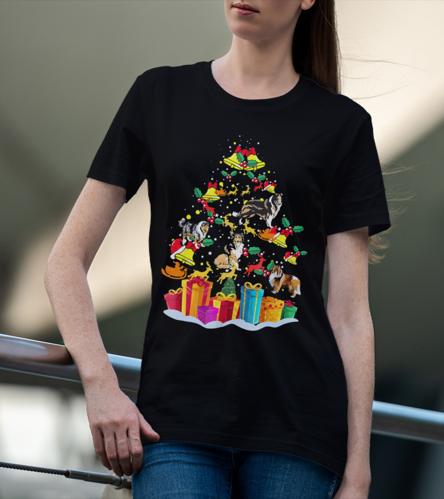 Rough Collie Christmas Tree Funny Reindeer Presents Holiday Bells T-Shirt