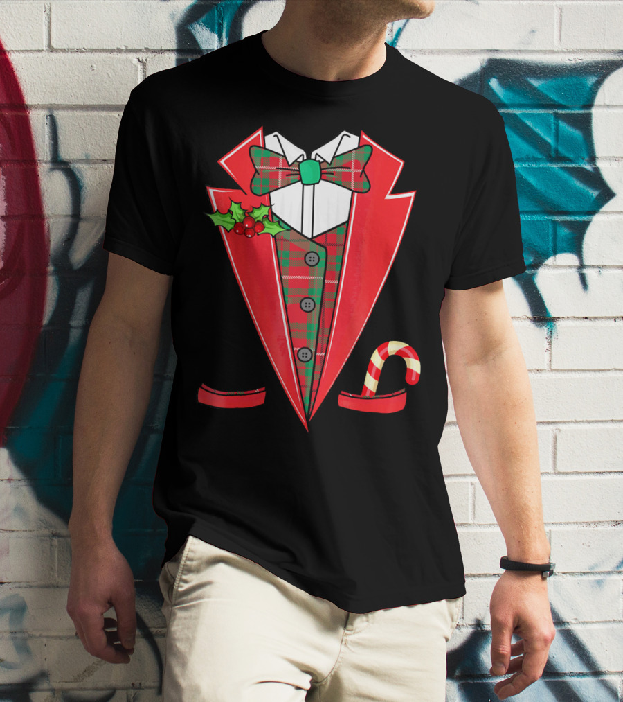 Tux Christmas Fancy Xmas Costume Red Suit Bow Candy Cane T-Shirt