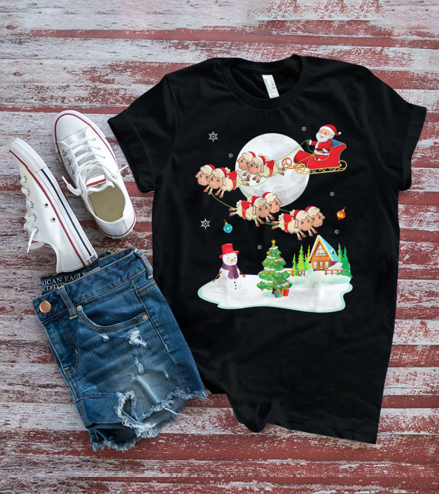 Santa Noel With Dancing Snowman And Sheep Sleigh By Moon T-Shirt