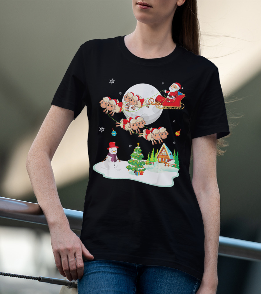 Santa Noel With Dancing Snowman And Sheep Sleigh By Moon T-Shirt