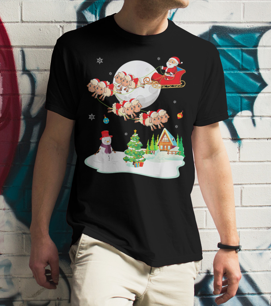 Santa Noel With Dancing Snowman And Sheep Sleigh By Moon T-Shirt