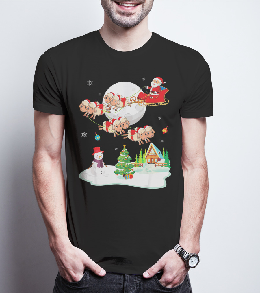 Santa Noel With Dancing Snowman And Sheep Sleigh By Moon T-Shirt