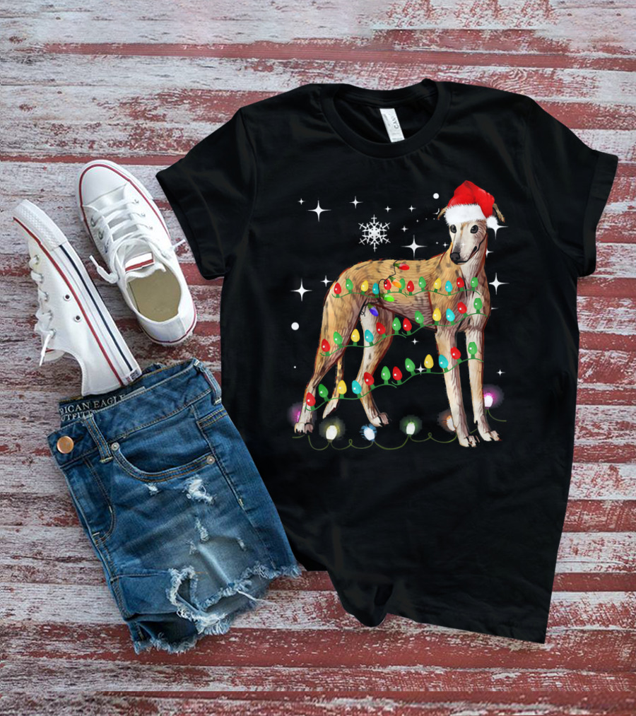Greyhound Dog With Christmas Lights And Santa Hat T-Shirt