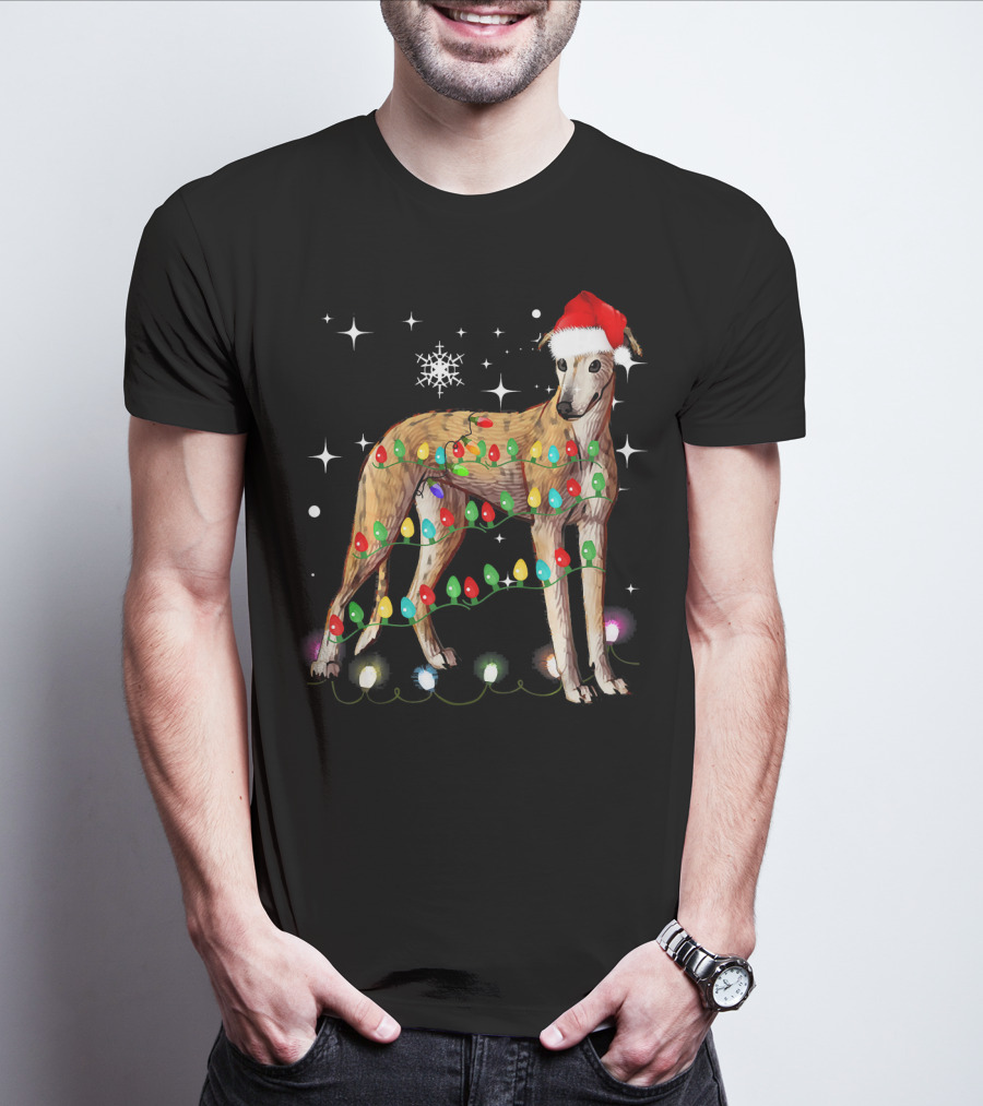 Greyhound Dog With Christmas Lights And Santa Hat T-Shirt