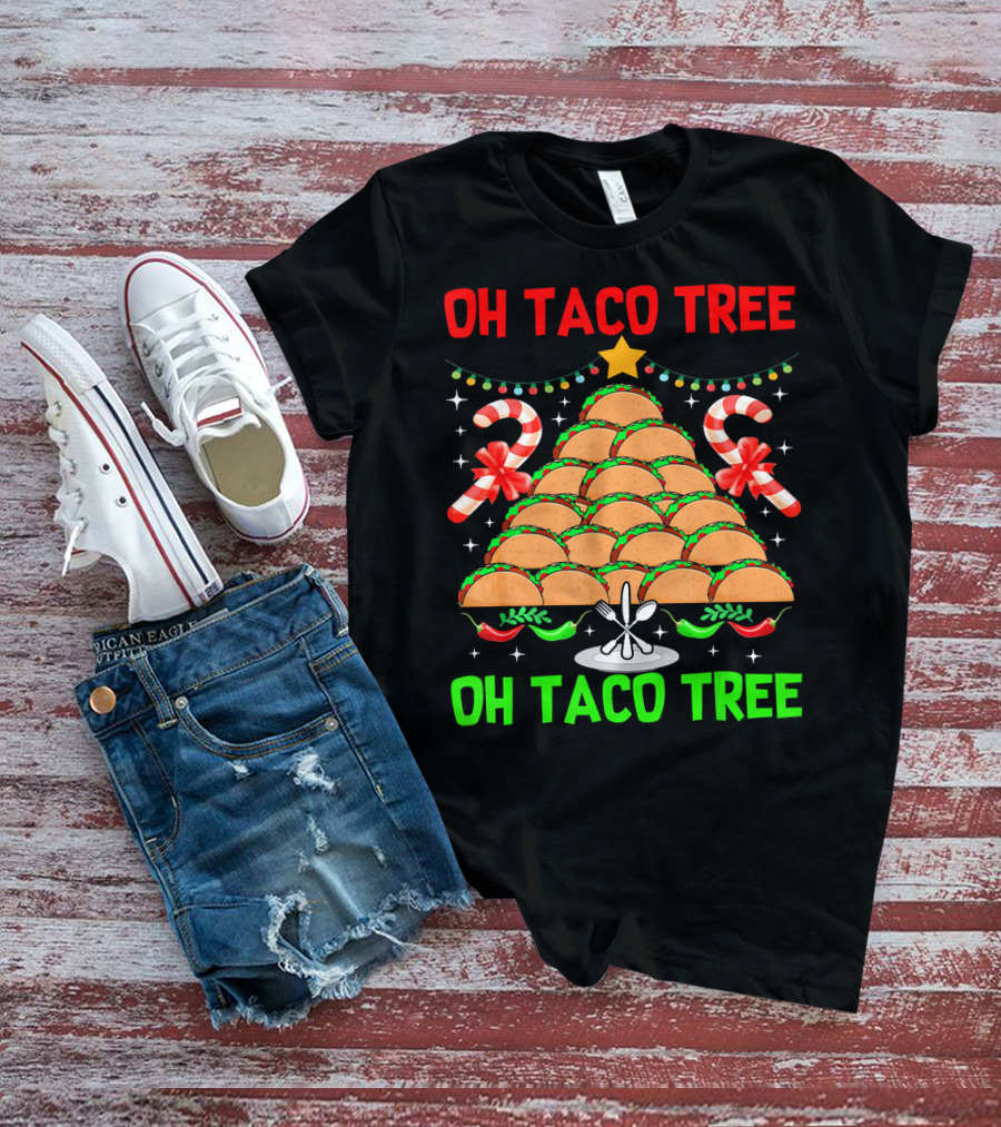Oh Taco Tree Christmas Candy Cane Funny Party T-Shirt