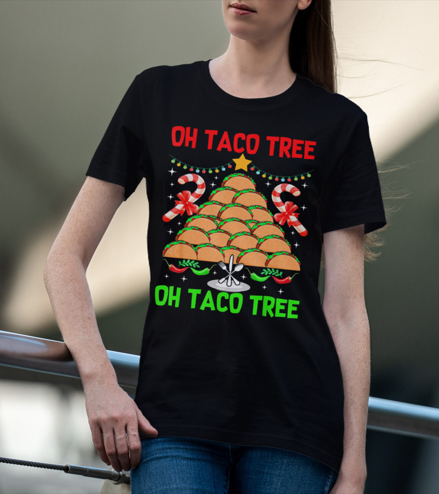 Oh Taco Tree Christmas Candy Cane Funny Party T-Shirt