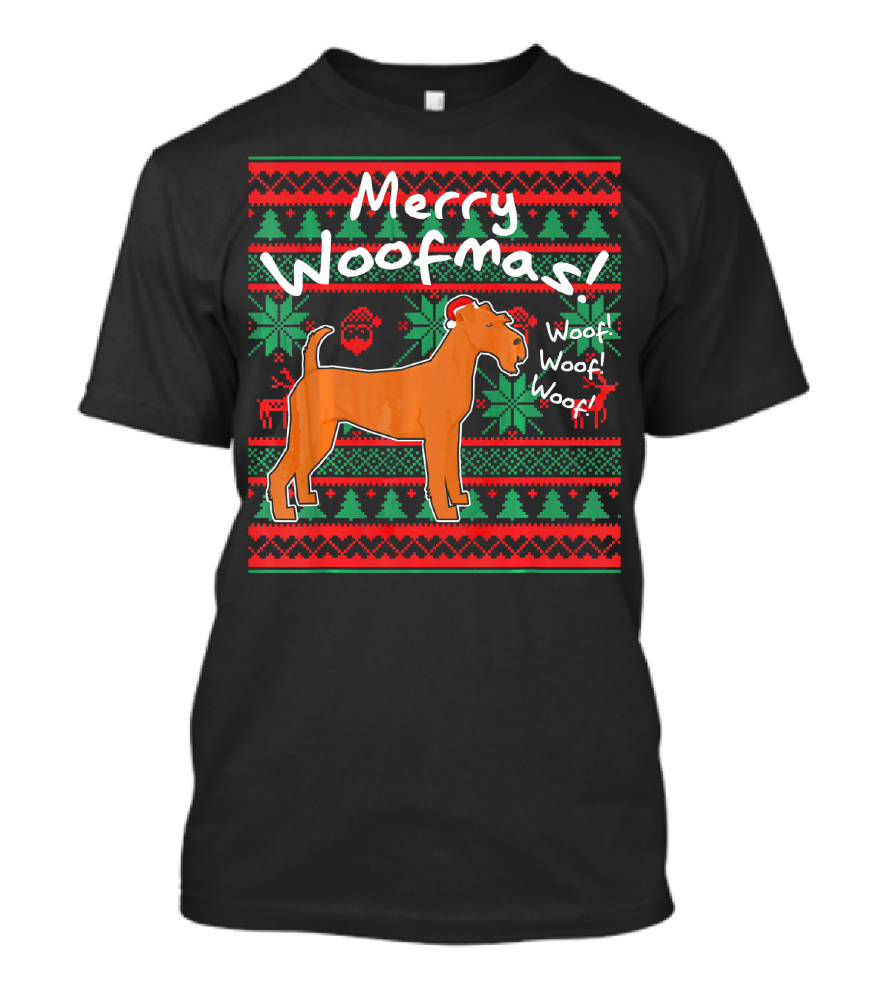 Merry Woofmas Irish Terrier Dog Woof Woof Santas Hat Fair Isle Pattern Sweater Holiday T-Shirt