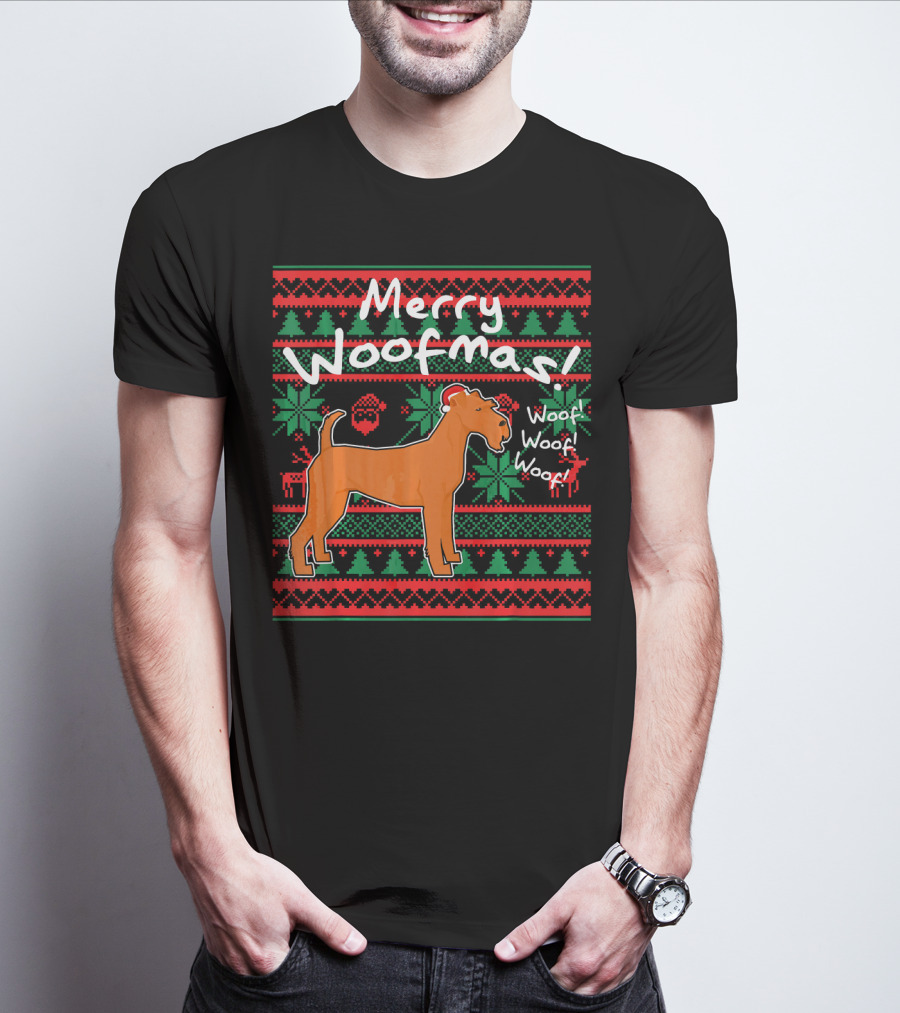 Merry Woofmas Irish Terrier Dog Woof Woof Santas Hat Fair Isle Pattern Sweater Holiday T-Shirt