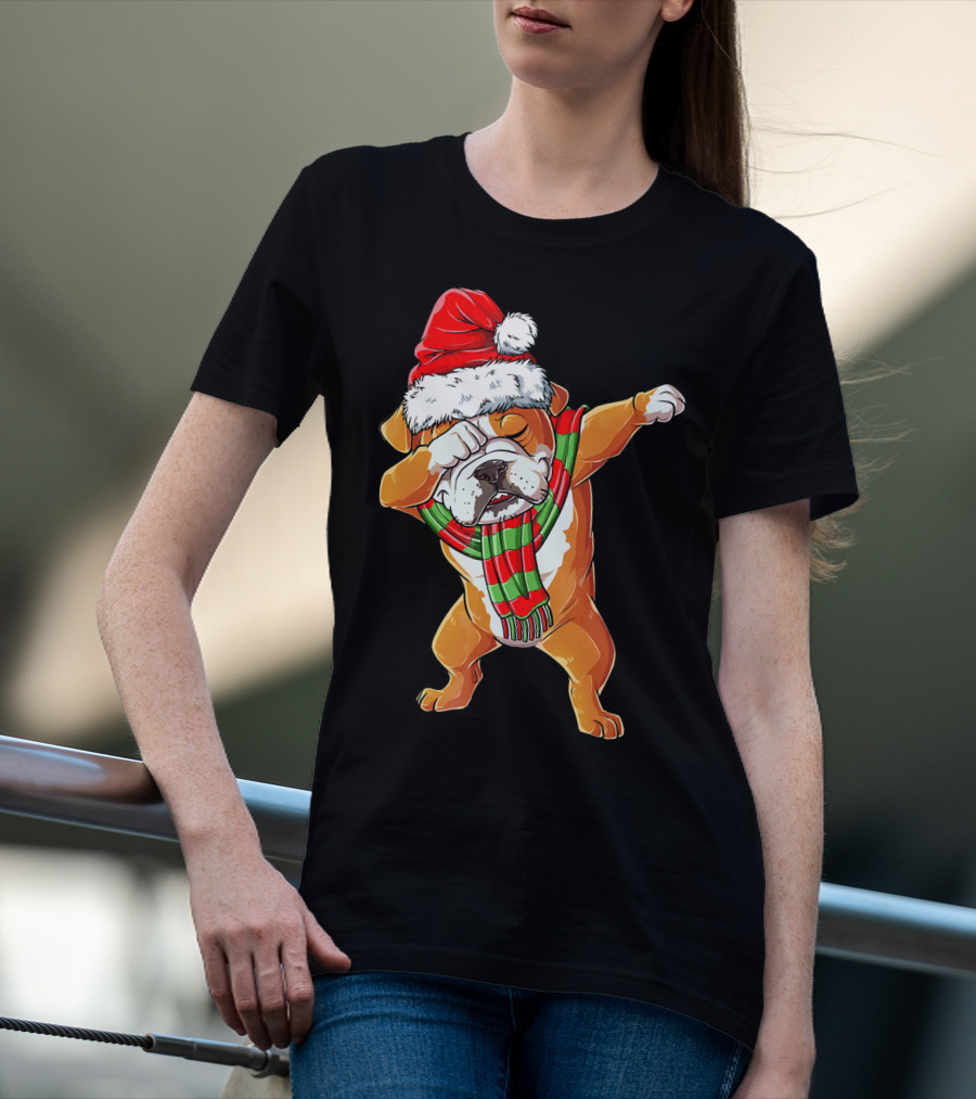 Dabbing English Bulldog Santa Claus With Christmas Hat And Scarf T-Shirt