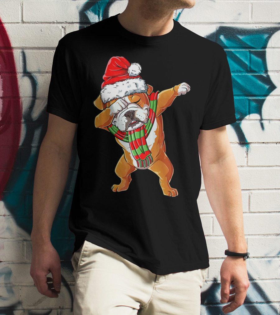 Dabbing English Bulldog Santa Claus With Christmas Hat And Scarf T-Shirt