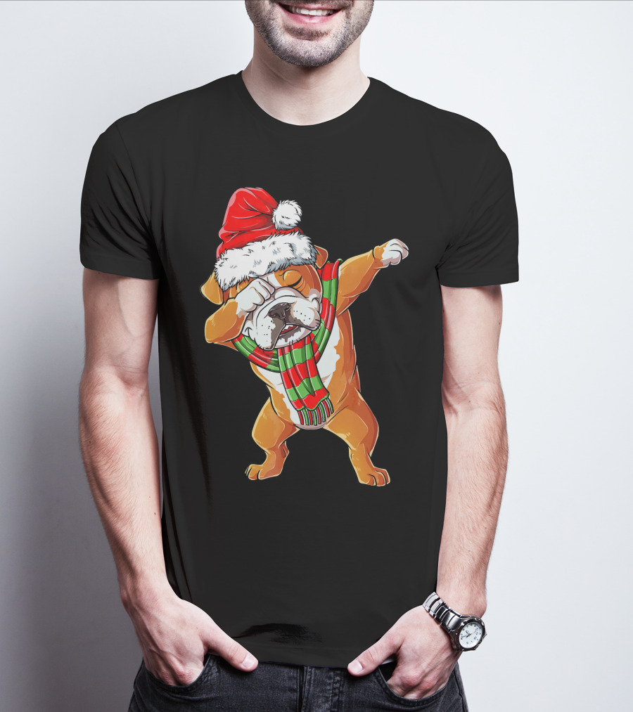 Dabbing English Bulldog Santa Claus With Christmas Hat And Scarf T-Shirt
