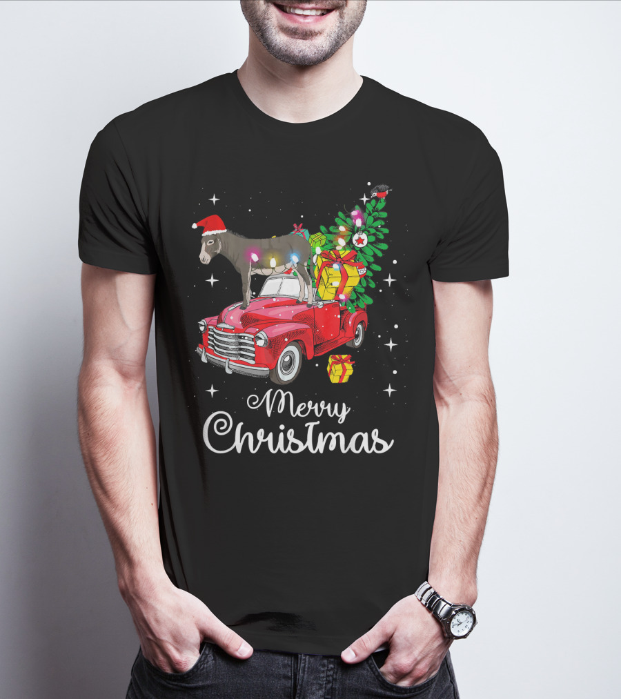 Merry Christmas Donkey Rides Red Truck With Santa Hat And Presents T-Shirt