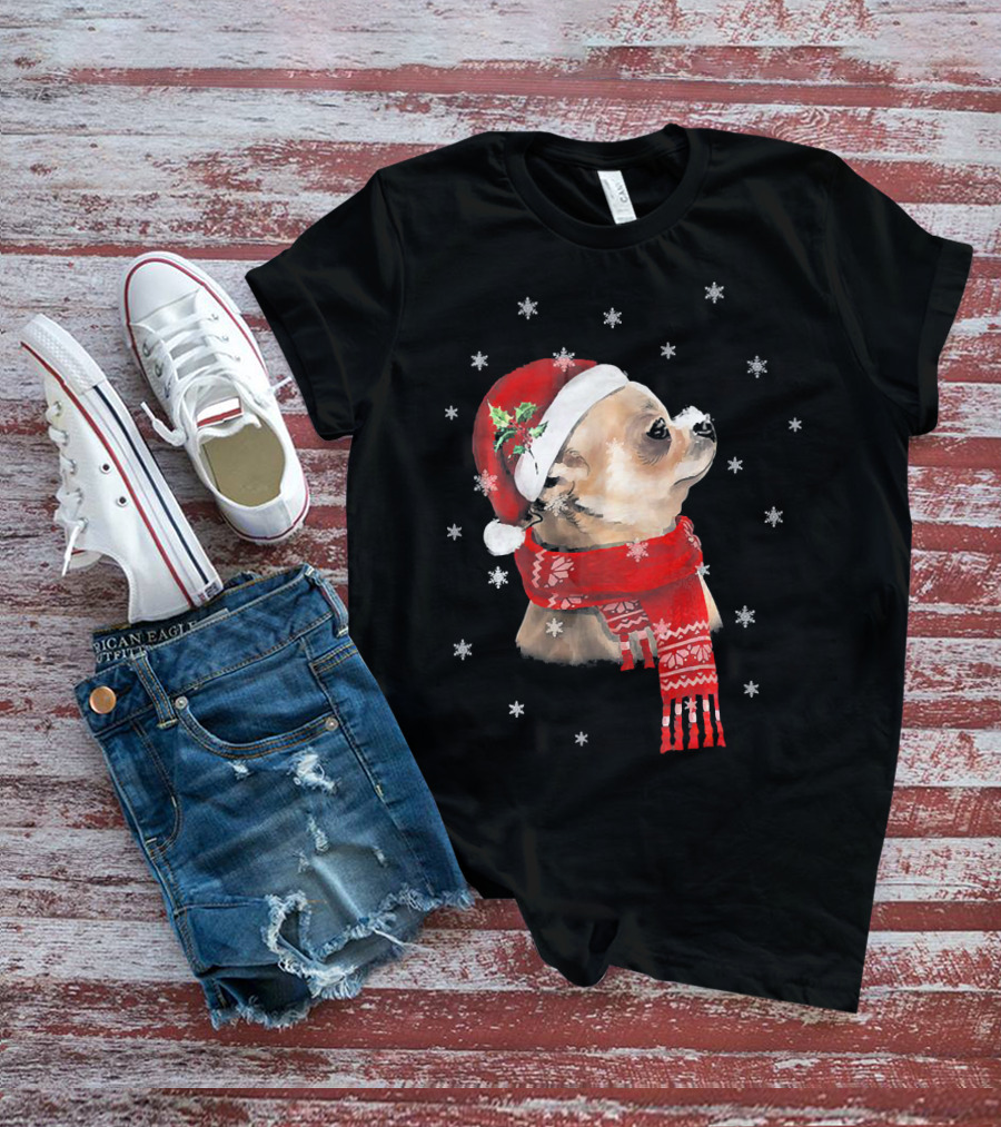 Chihuahua Christmas Cute Chihuahua Lover Festive Santa Hat And Scarf Snowflakes T-Shirt