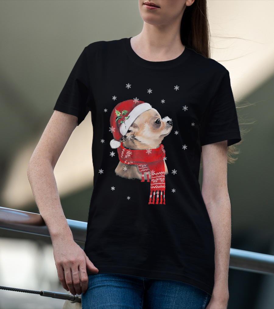 Chihuahua Christmas Cute Chihuahua Lover Festive Santa Hat And Scarf Snowflakes T-Shirt