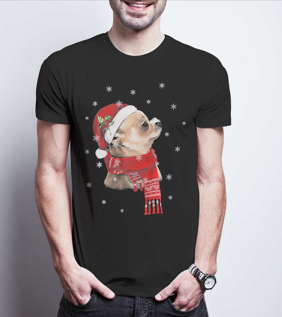 Chihuahua Christmas Cute Chihuahua Lover Festive Santa Hat And Scarf Snowflakes T-Shirt