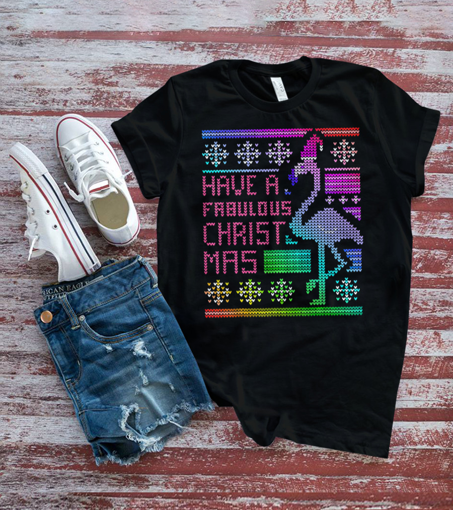 Have A Fabulous Christmas Flamingo Ugly Christmas Rainbow T-Shirt
