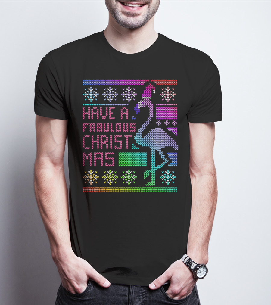 Have A Fabulous Christmas Flamingo Ugly Christmas Rainbow T-Shirt