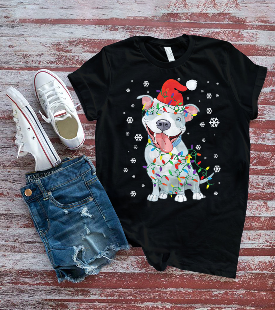 Pitbull Wrapped In Christmas Lights With Santa Hat And Snowflakes T-Shirt