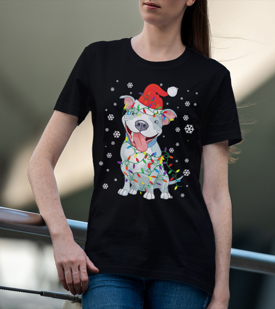 Pitbull Wrapped In Christmas Lights With Santa Hat And Snowflakes T-Shirt