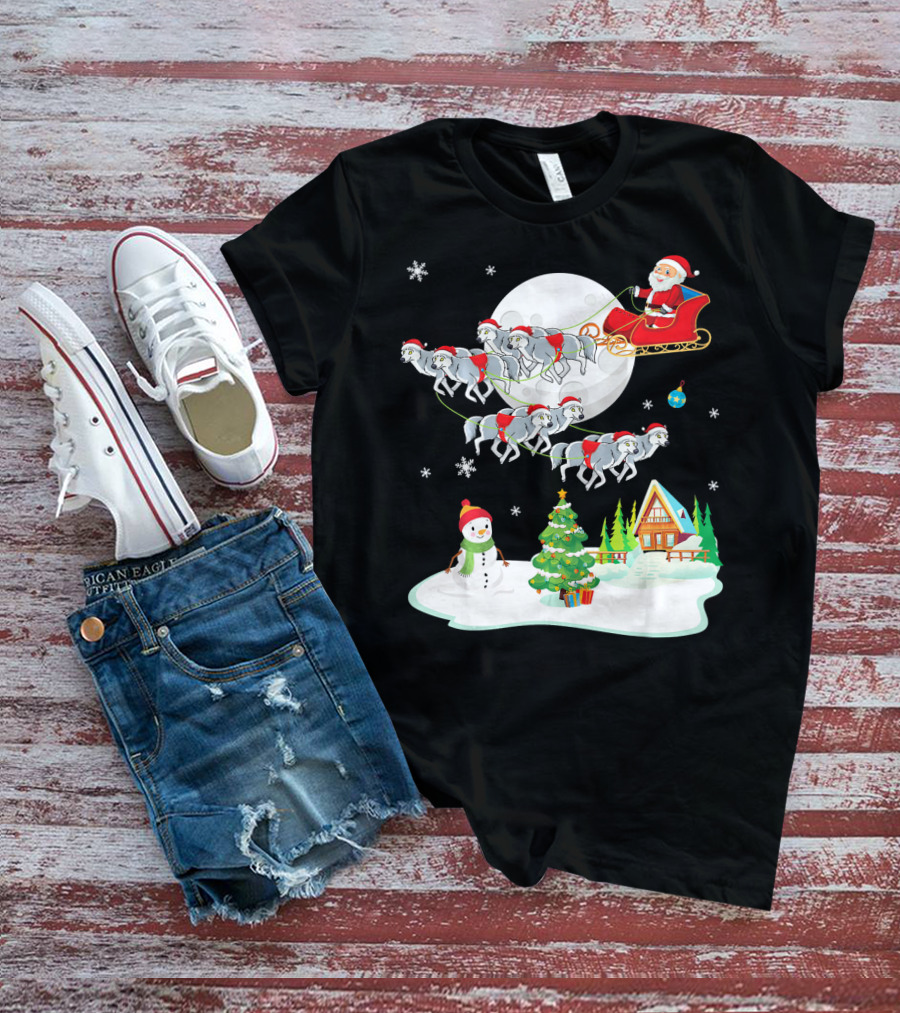 Santa Claus Sleigh Riding Over Snowman And Christmas Scene With Wolves T-Shirt