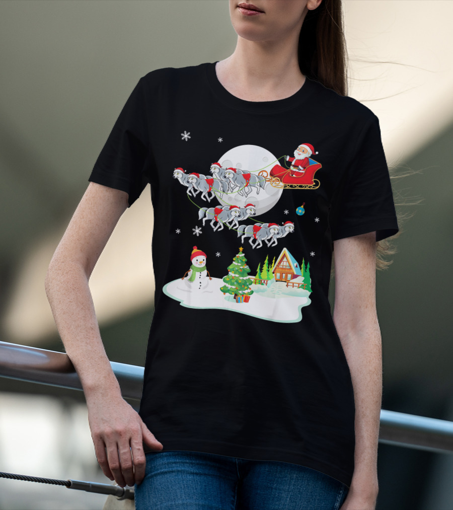 Santa Claus Sleigh Riding Over Snowman And Christmas Scene With Wolves T-Shirt